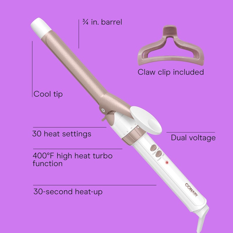 CONAIR Double Ceramic ¾-Inch Curling Iron with Claw Clip, ¾-Inch Barrel Creates Tight Curls, Hair Curler for Use on Short, Medium, & Long Hair, White/Rose Gold - Image 2